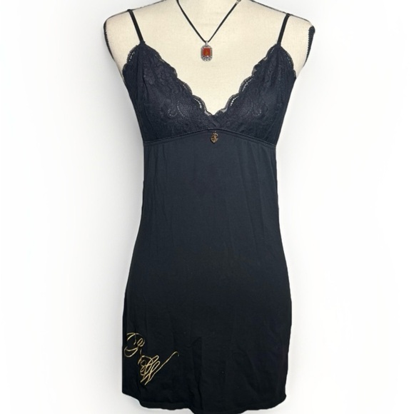 Rocawear Sleep by Design Black Lace Slip Dress L | Y2K Urban Glam Gold Logo - Picture 1 of 4